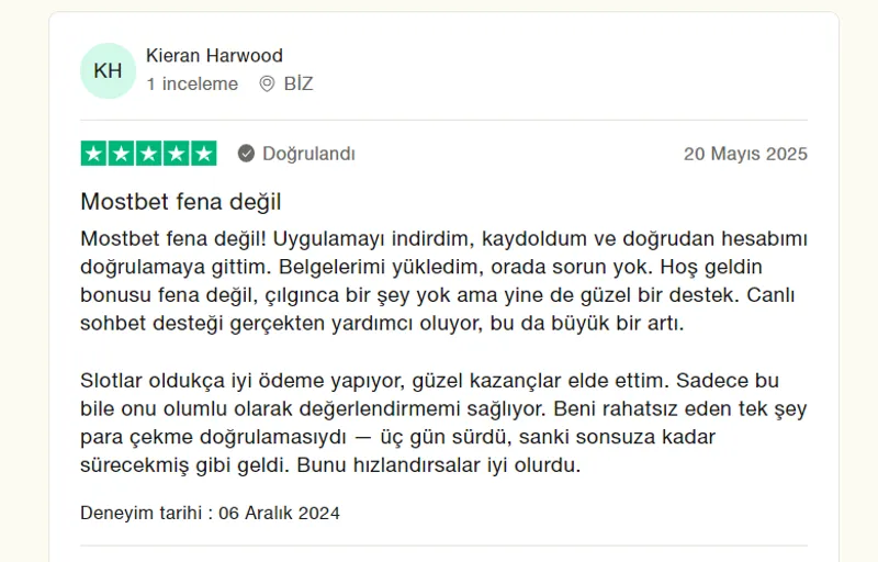 Türkiye'den bir oyuncunun MostBet bahisçisinin çalışmaları hakkındaki geri bildirimi