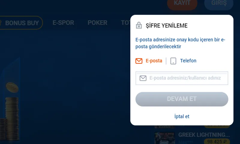 MostBet kişisel hesabınız için şifre kurtarma formu