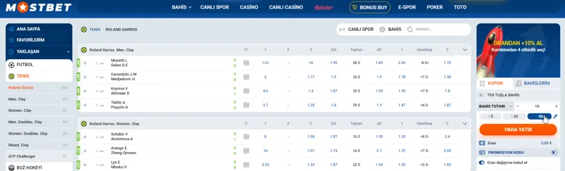 Roland Garros Şampiyonası maçları MostBet web sitesinde